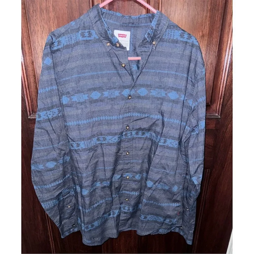 Levi's Men's L‎ Blue Geometric Pattern Long Sleeve Button-Down Casual Shirt